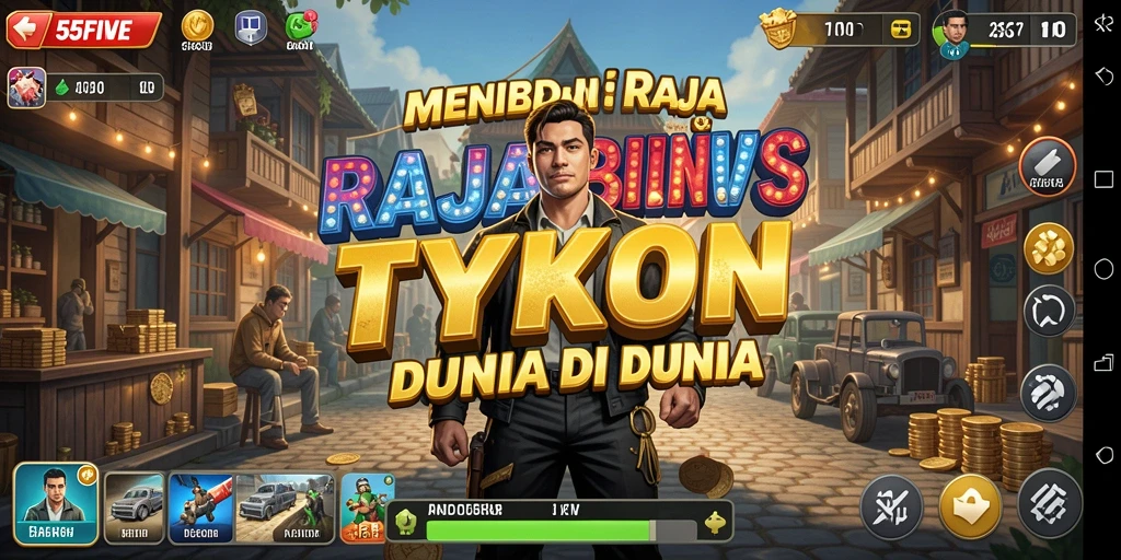 Screenshot 55FIVE menunjukkan momen seru dalam mengelola bisnis Tycoon.