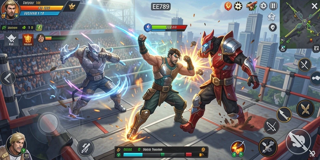 Tangkapan layar dari gameplay EE789 yang menampilkan aksi pertarungan yang mendebarkan.
