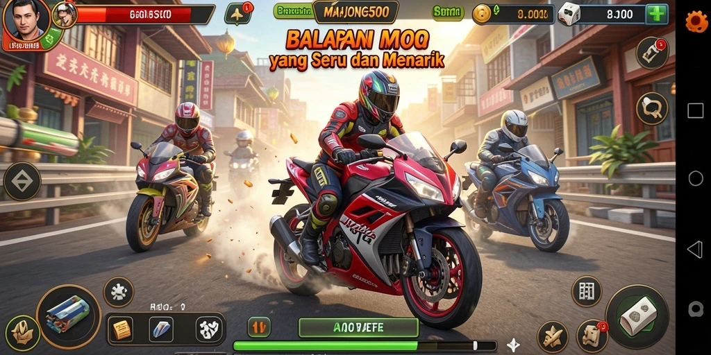 Tampilan gameplay MAHJONG500 yang seru dalam balapan motor.