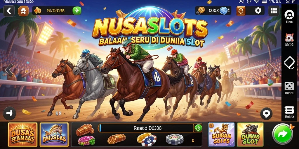 Gameplay seru NUSASLOTS dengan balapan dan slot menyatu.