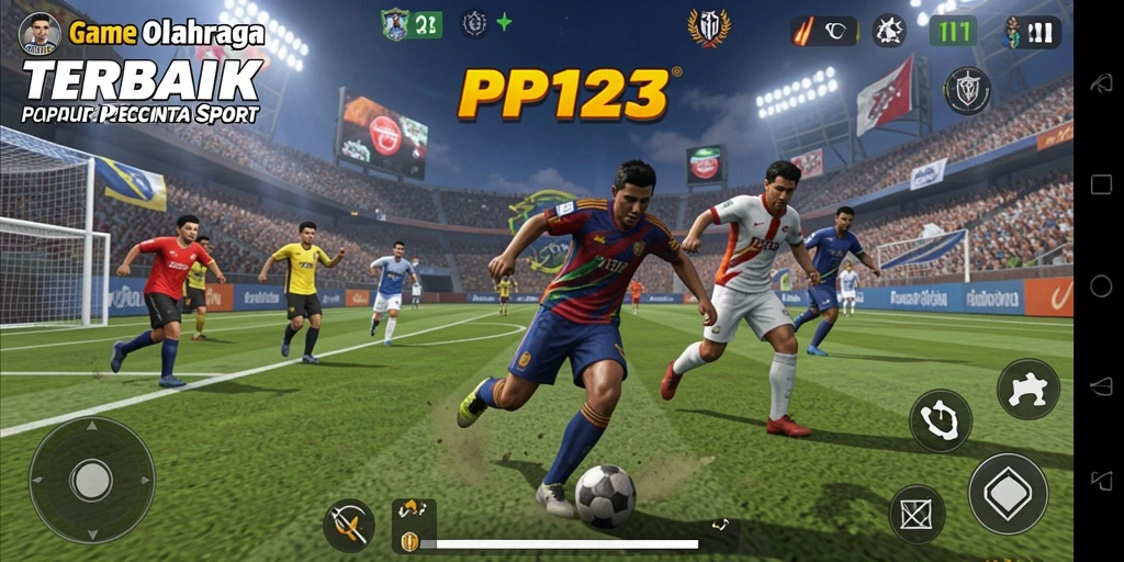 Screenshot utama PP123 menampilkan aksi seru dalam pertandingan olahraga.