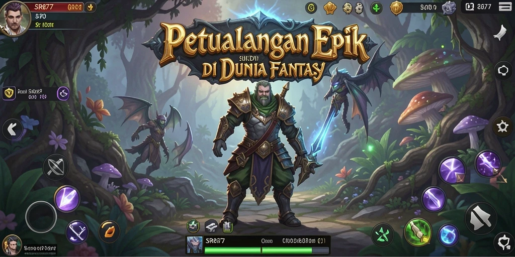 Tampilan gameplay SR877 dengan karakter yang beraksi di dunia fantasi.