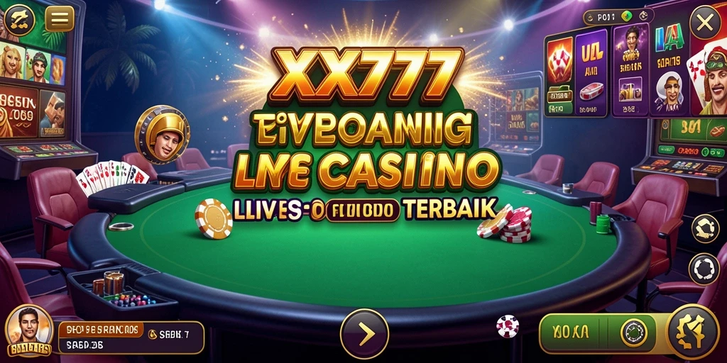 Screenshot gameplay XXX777 menunjukkan dealer langsung dan suasana kasino yang mendebarkan.